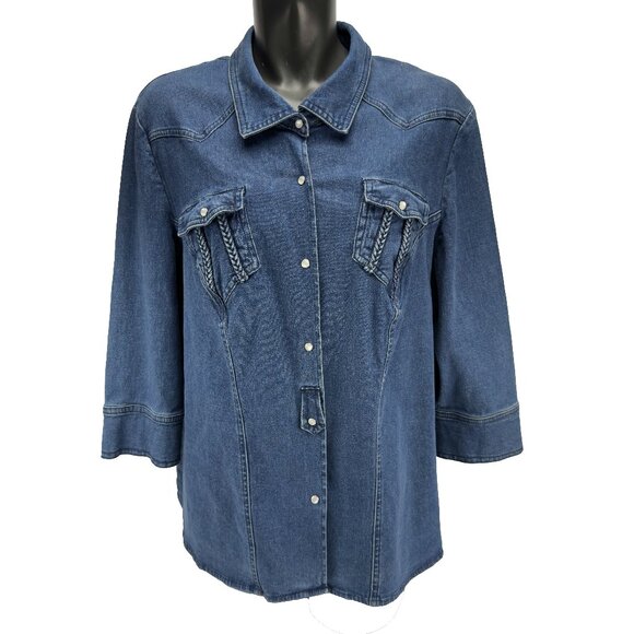 CHRISTINE LAURE Western Denim Snap Front 3/4 Sleeve Braided Trim Blue Blouse XL - Picture 1 of 10